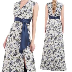 Kay Unger Ansley Gown Jacquard Floral Pattern Gown Gray Navy worn once size 8